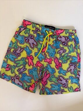 Psycho Bunny Multicolor Bunny Skull Print Swim Trunks Shorts Boys M 10/12